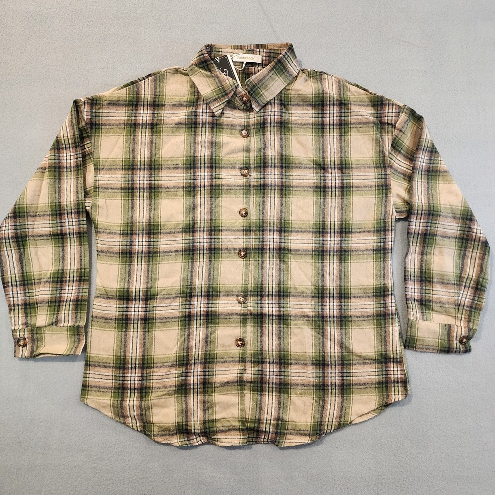 Fantaslook Women's Plaid Flannel Shirt Button Front Beige Green Large NWT